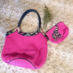 Pink Woven Tote Bag with Elephant Pouch